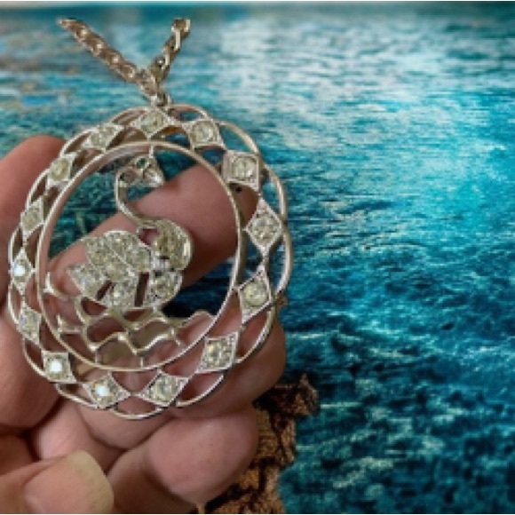 Sarah Coventry Vintage 1970 Swan Pendant/Necklace Blue Eye Rhinestones - Picture 1 of 5